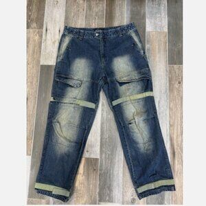 VINTAGE STUB WIDE LEG Y2K SKATER CARGO KNEE FADE HIP HOP BLUE JEANS 42 X 33